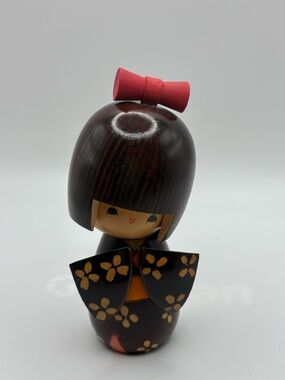 Vtg 70s Japanese Kokeshi Usaburo Doll Wood Painted Floral With Red Bow 5.5"